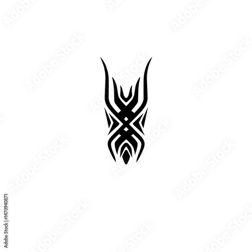 Intricate tribal design featuring symmetrical patterns and sharp angles, suitable for tattoos or art