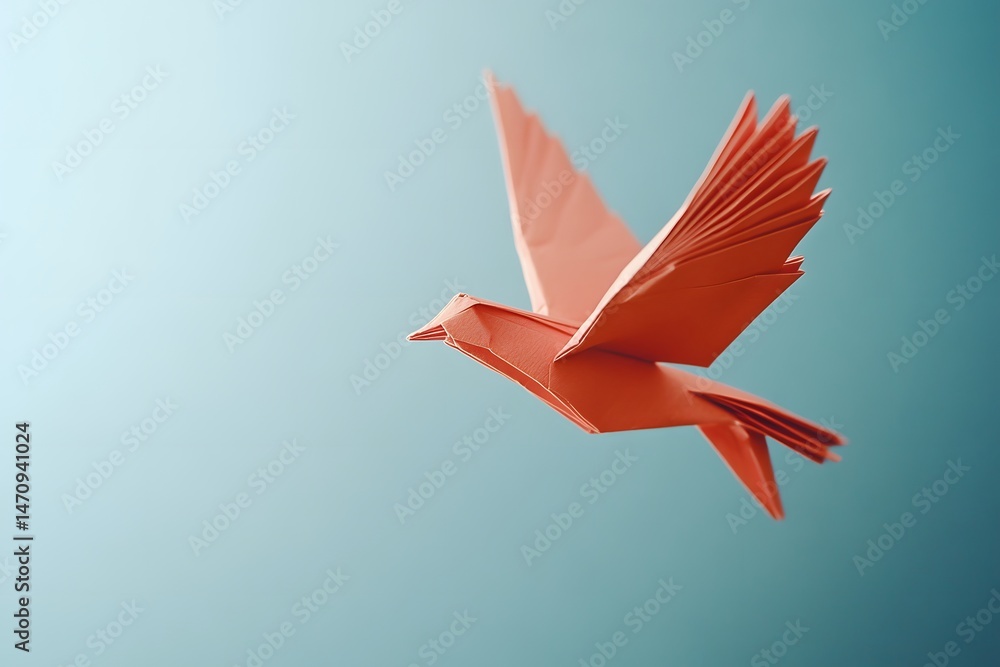 Obraz premium Orange origami bird soaring against a beautiful light blue gradient sky showing freedom