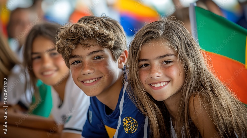 Obraz premium Smiling children, likely at a ceremony or event, with flags in the background