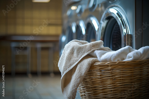Wicker laundry basket filled with clean towels placed in front of modern industrial washing machines inside laundromat with warm ambient lighting. Concept of cleanliness, domestic chores, 