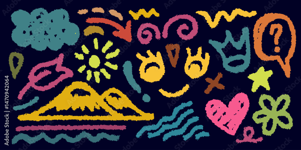 Collection of hand drawn colorful charcoal doodle shapes and squiggles in childish grunge style. Pencil drawings isolated on blue. Crown, stars, flower, heart and doodle elements. Collection of hand drawn colorful charcoal doodle shapes and squiggles in childish grunge style. Pencil drawings isolated on blue. Crown, stars, flower, heart and doodle elements.