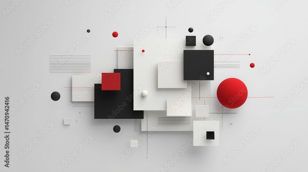 Abstract geometric composition with black, white, and red squares, circles, and lines on a light background. Modern and minimalist design for graphic art and decoration. Abstract geometric composition with black, white, and red squares, circles, and lines on a light background. Modern and minimalist design for graphic art and decoration.