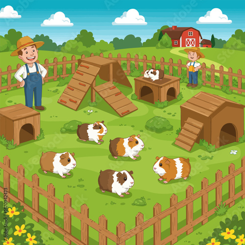 Guinea Pigs Playing in Enclosure with Farmer and Wood Structures