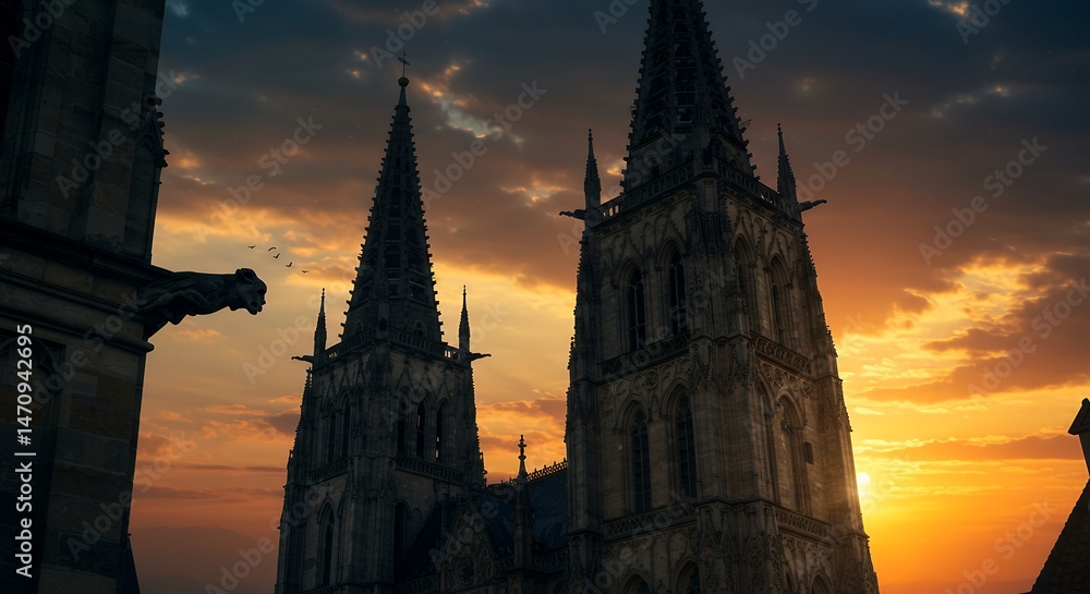 Obraz premium Gothic Cathedral Sunset Silhouette: A Majestic Architectural Marvel at Golden Hour