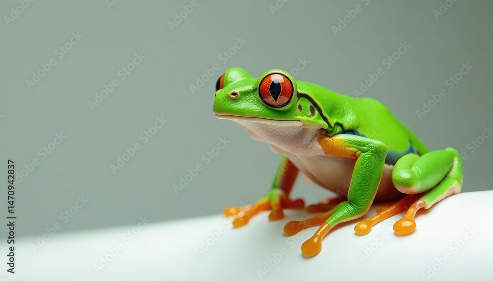 Obraz premium Green tree frog perched on white, vibrant skin, legs, frog, green frog