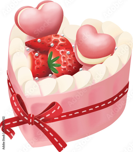 Heart-shaped cake topped with strawberries and macarons