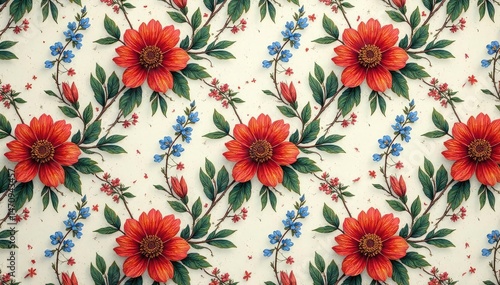 Intricate floral design, repeating seamlessly , motif, spring