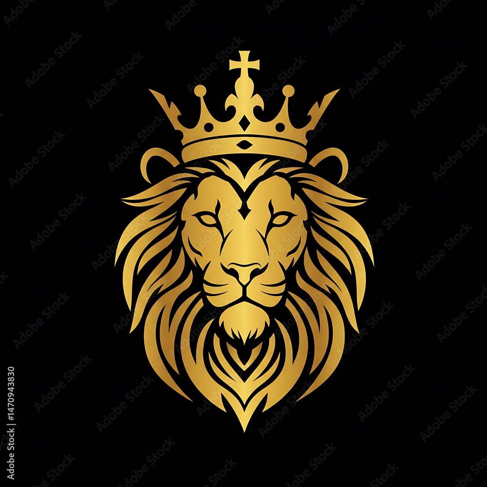 Fototapeta premium Golden lion head wearing a crown on a solid dark colored backdrop
