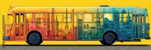 Colorful gradient - styled bus with an intricate cityscape and objects inside, set against a bright yellow background. A vibrant and artistic illustration perfect for urban and creative design themes.