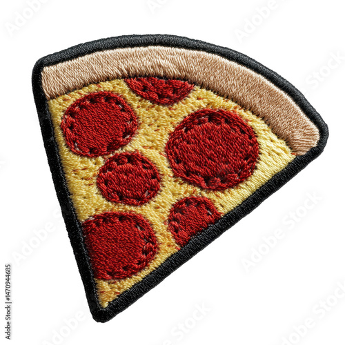 A colorful embroidered patch featuring a slice of pepperoni pizza. transparent background