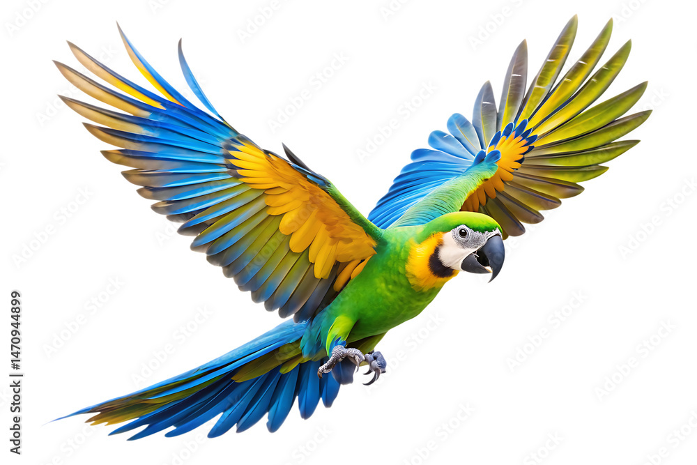 Fototapeta premium a flying parrot with blue and green feathers isolated on white background PNG , AI GENERATED 