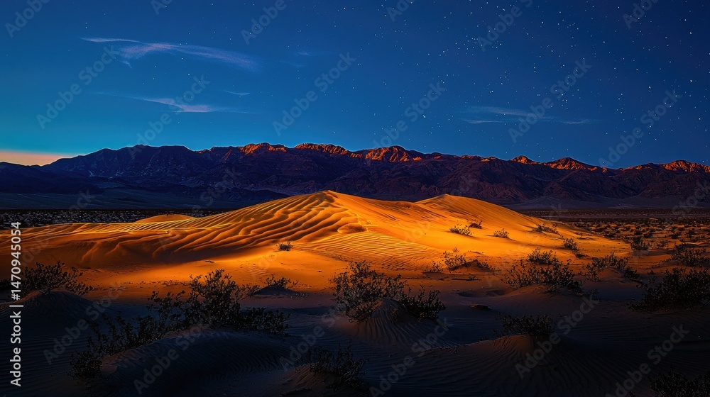 Naklejka premium Stunning desert dune landscape bathed in twilight glow.