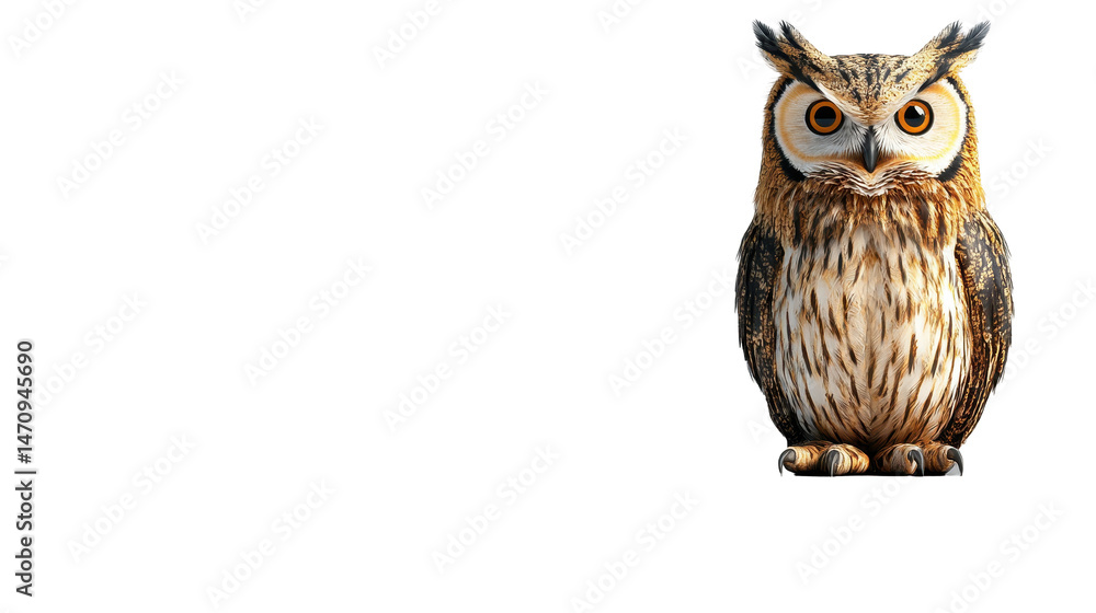 Naklejka premium Majestic Owl: A captivating portrait of an owl showcasing its intricate feathers, sharp gaze, and commanding presence. Highlighting the elegance and wisdom of this fascinating creature.