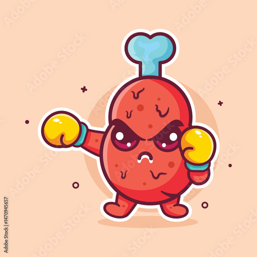 angry chicken thigh food character mascot playing boxing sport isolated cartoon