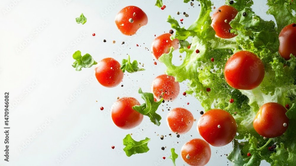 Vibrant Salad Burst Fresh Tomatoes, Lettuce, and Spices in Mid-Air Vibrant Salad Burst Fresh Tomatoes, Lettuce, and Spices in Mid-Air