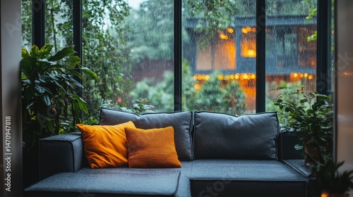 Cozy living room with rain view
