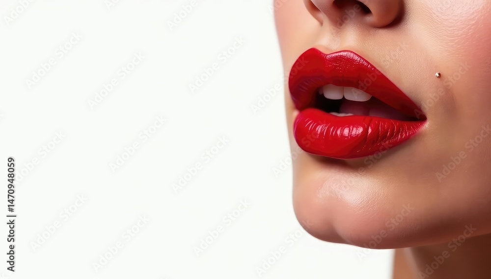 Obraz premium Close-up vibrant red lipstick, pristine white backdrop, attractive, white