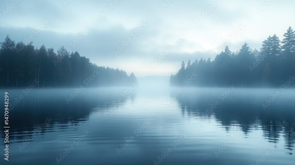 Fototapeta premium Misty lake, tranquil forest