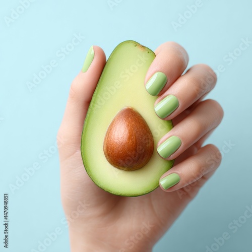 A hand with green-painted nails holds half an avocado with the pit against a light blue background. The composition is minimalistic and fresh.