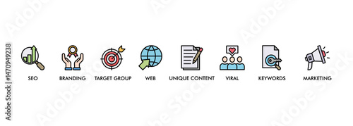 Content is king banner web icon vector illustration concept with icon of seo, branding, web, target group, unique content, keywords, marketing, viral and ranking