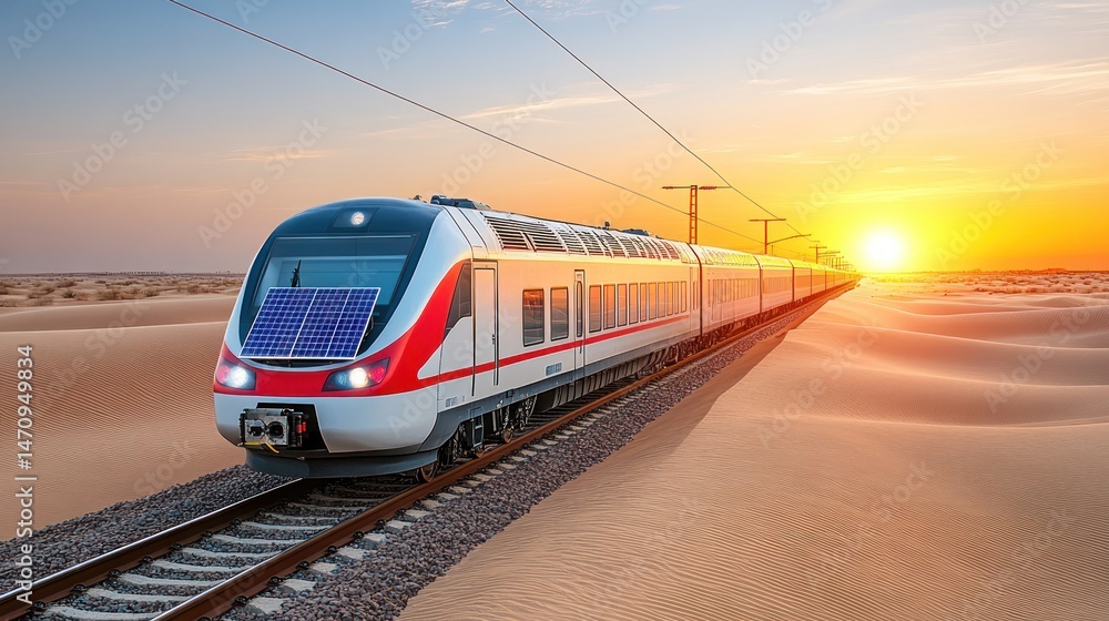 Fototapeta premium Modern train on desert tracks at sunset. Possible use Stock photo for travel, transportation, innovation, technology