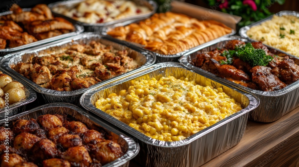 Obraz premium Delicious Buffet of Catered Food in Aluminum Trays