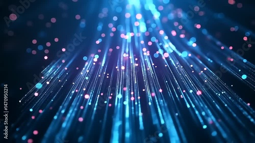 Abstract Blue Light Data Streams Overlapping Fiber Optics in Dark Background Representing Digital Technology Network Connection