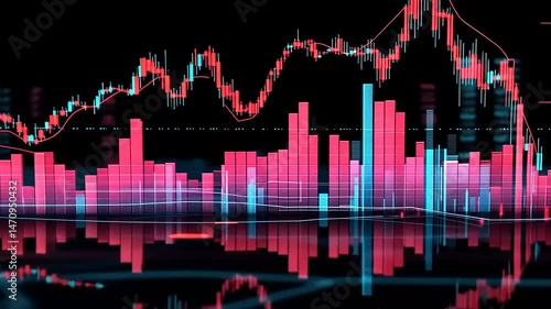 Abstract Financial Graph with Red and Blue Lines and Bars Displaying Market Data on Black Background with Reflections