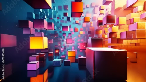 Abstract Flight of Pink Magenta and Orange Cubes on Blue Gradient Background Rendered in a Modern Geometric Design