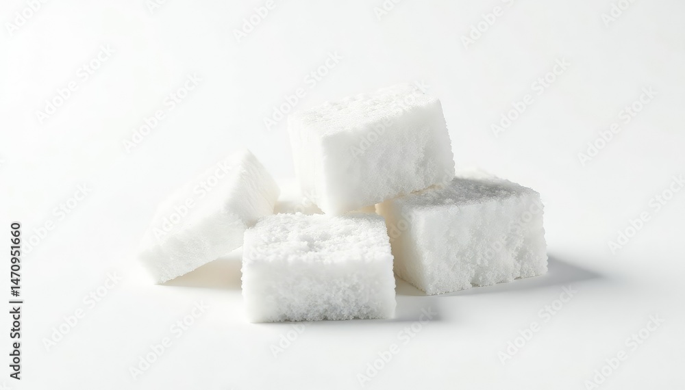 Lumps of refined white sugar against stark white backdrop, texture, crystals, pure Lumps of refined white sugar against stark white backdrop, texture, crystals, pure