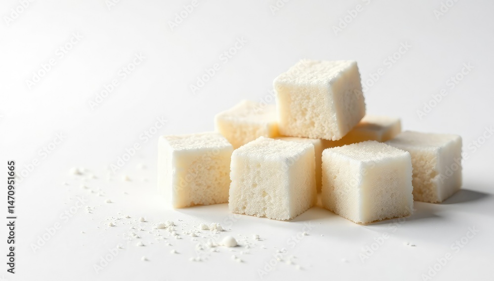 Lump sugar cubes against a stark white backdrop , sweet, cooking, cube Lump sugar cubes against a stark white backdrop , sweet, cooking, cube