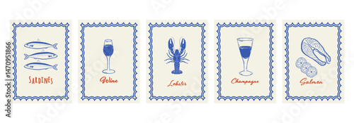 Set of vintage hand-drawn posters with sardines, wine, lobster, champagne, and salmon. Mediterranean vertical designs perfect for travel, kitchen, packaging, or summer decor. Vector.