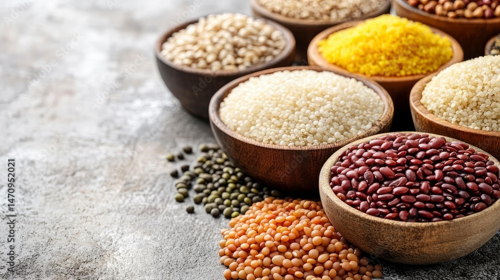 Assortment of Grains and Legumes in Wooden Bowls Assortment of Grains and Legumes in Wooden Bowls