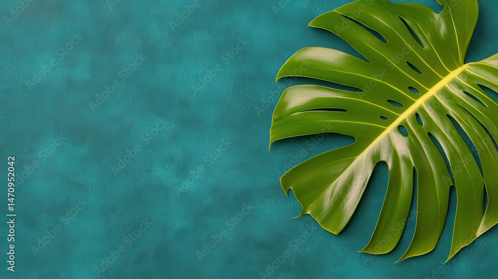 Obraz premium Vibrant Green Monstera Leaf on Teal Textured Background