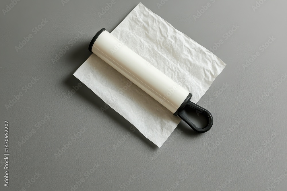 Fototapeta premium White cylindrical object with black handle rests on crumpled paper
