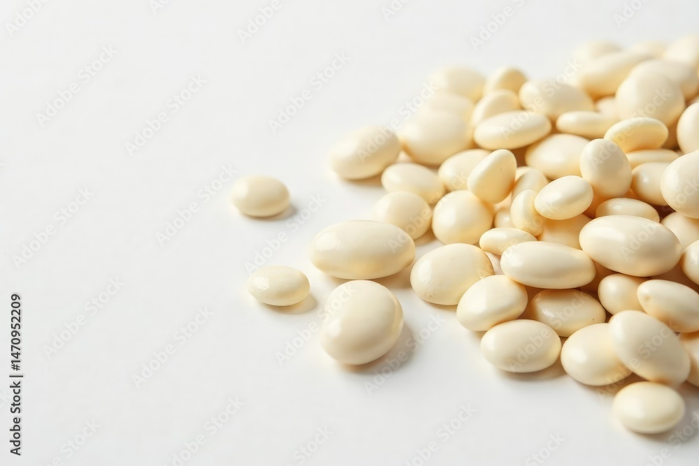 Scattered white beans against a pure white backdrop, high resolution, organic, food Scattered white beans against a pure white backdrop, high resolution, organic, food