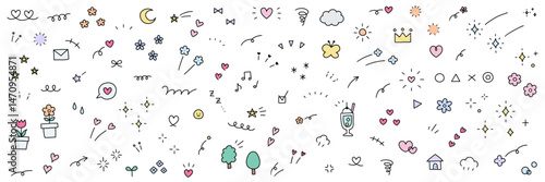 手書きの飾りイラストのベクターイラストセット。手描き、集中線、矢印、花、落書き、ハート、星