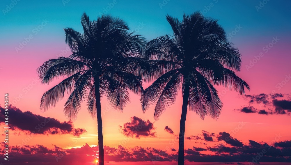 Vibrant sunset silhouettes of two palm trees Vibrant sunset silhouettes of two palm trees