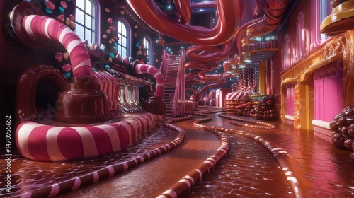 A Whimsical Journey Through a Chocolate Candy Factory: An Immersive 3D Render of a Sweet Dreamscape