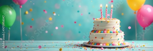 Colorful two tiered birthday cake with balloons and confetti, celebration, dessert, balloons