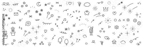 手書きの飾りイラストのベクターイラストセット。手描き、集中線、矢印、花、落書き、ハート、星