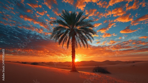 Desert sunset, palm tree, dramatic clouds