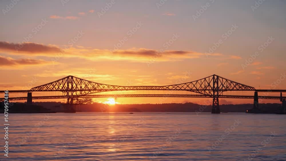 Bridge silhouetted against vivid sunset over water Bridge silhouetted against vivid sunset over water