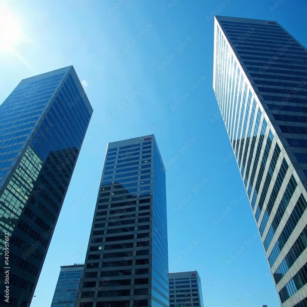Obraz premium Contemporary glass facades of corporate high-rises against clear blue sky, windows, business, buildings