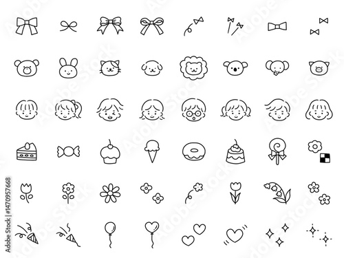 手書きのかわいいアイコンのベクターイラストセット。手描き、リボン、動物、子供、お菓子、花、ハート