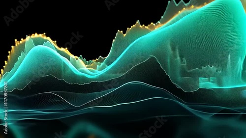 Abstract Turquoise Waves Forming Digital Landscape on Black Background with Soft Lighting and Elegant Structure