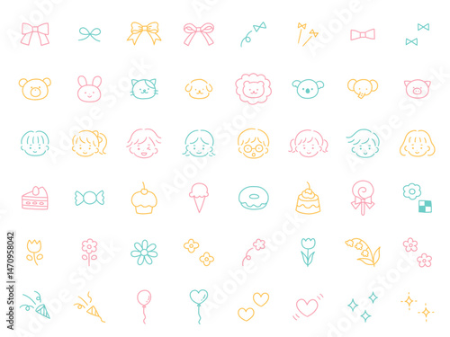 手書きのかわいいアイコンのベクターイラストセット。手描き、リボン、動物、子供、お菓子、花、ハート