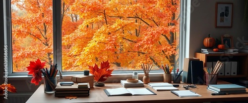Cozy autumn workspace with office supplies by a large window overlooking vibrant fall foliage, mouse, work