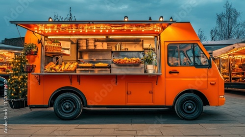Vibrant Orange Food Truck at Night Market Serving Fresh Baked Goods and Snacks