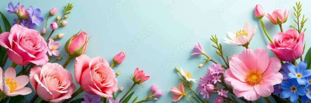 Obraz premium Creative Easter backdrop featuring blooming roses, lilies, and hyacinths, creative, roses, spring